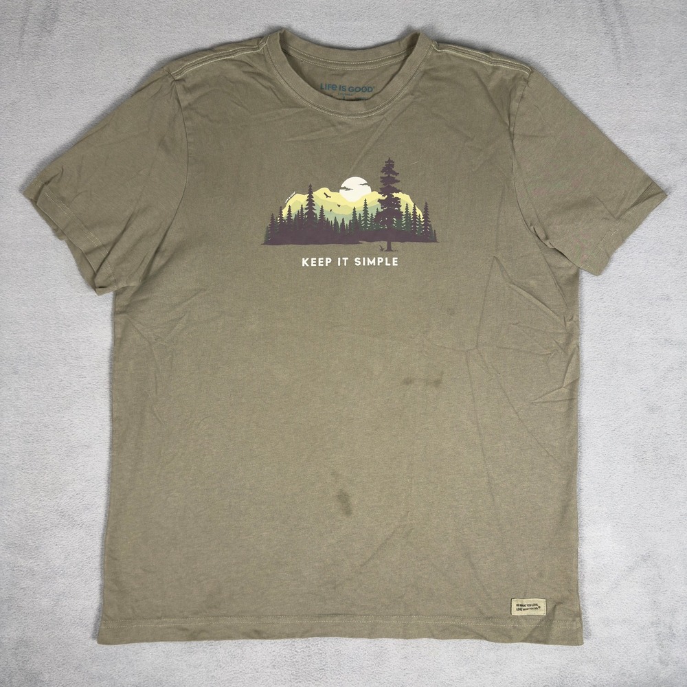 Life is Good Crusher Tee L Olive Green Keep It Simple Mountain Graphic T-Shirt